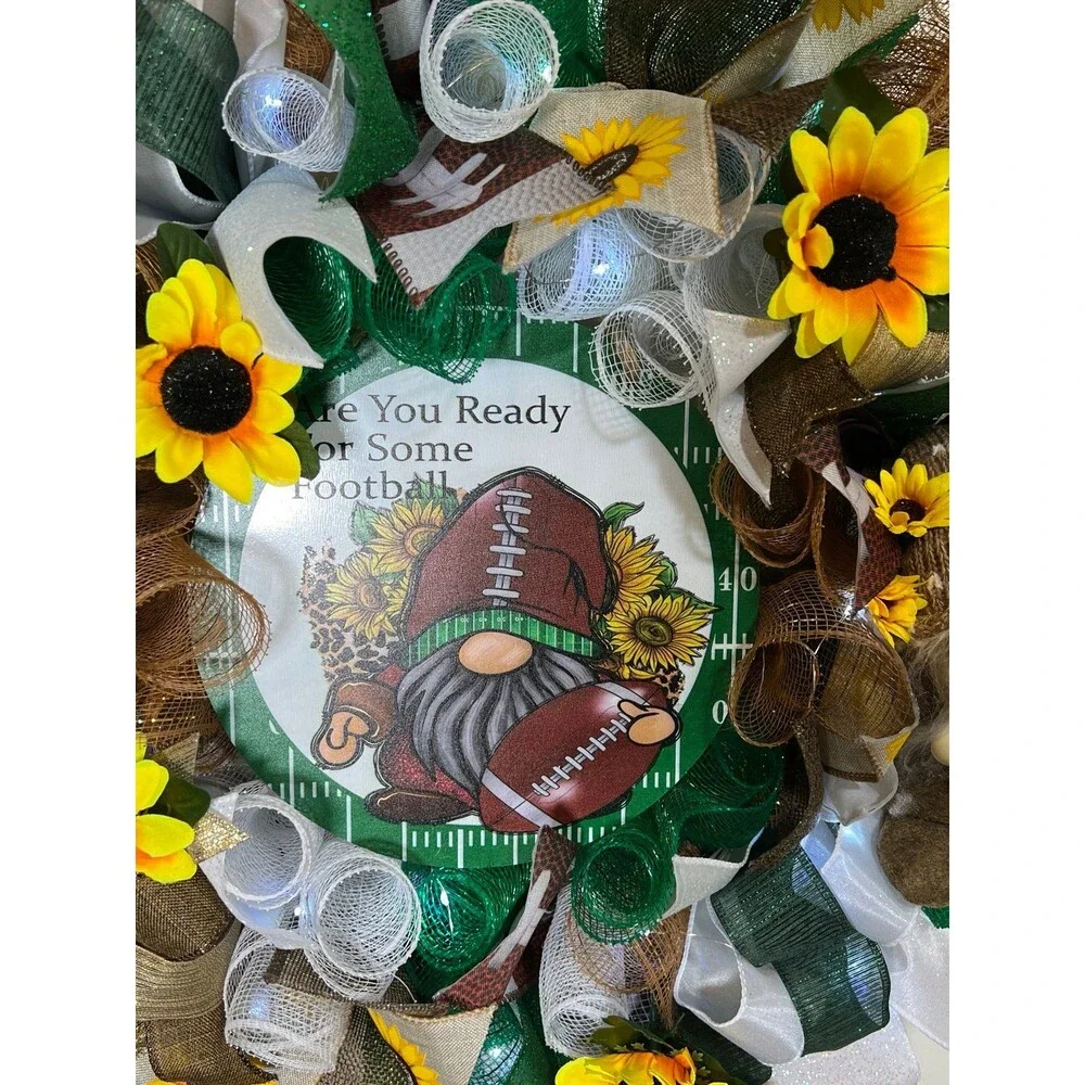 Handmade Football Gnome Ribbon Welcome Door Wreath Leaf 22 in LED Fall W4